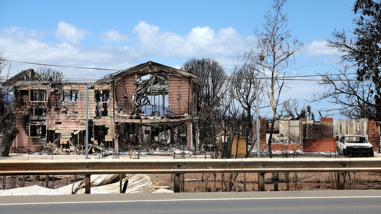 A view of a neighborhood that was destroyed by a wildfire on August 16, 2023 in Lahaina, Hawaii. 