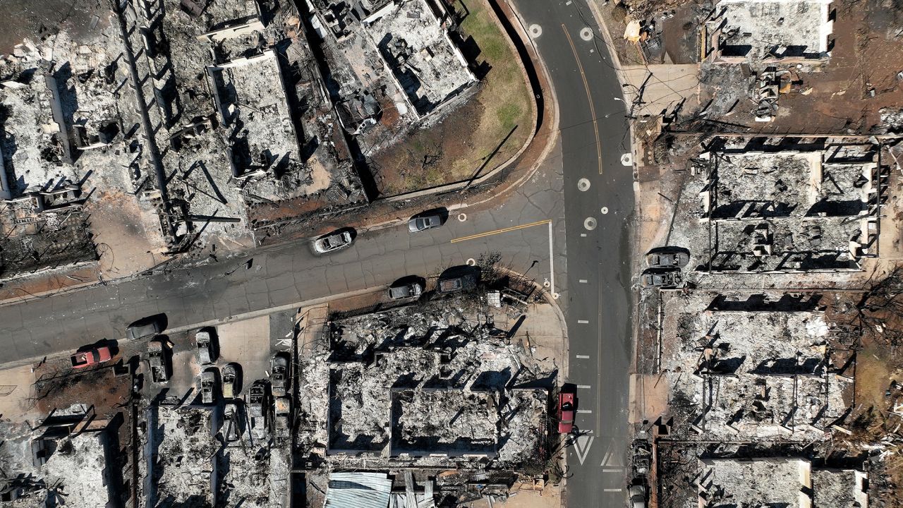 In an aerial view, burned cars and homes are seen a neighborhood that was destroyed by a wildfire on August 17, 2023 in Lahaina, Hawaii. At least 111 people were killed and thousands were displaced after a wind driven wildfire devastated the towns of Lahaina and Kula early last week. Crews are continuing to search for missing people. 